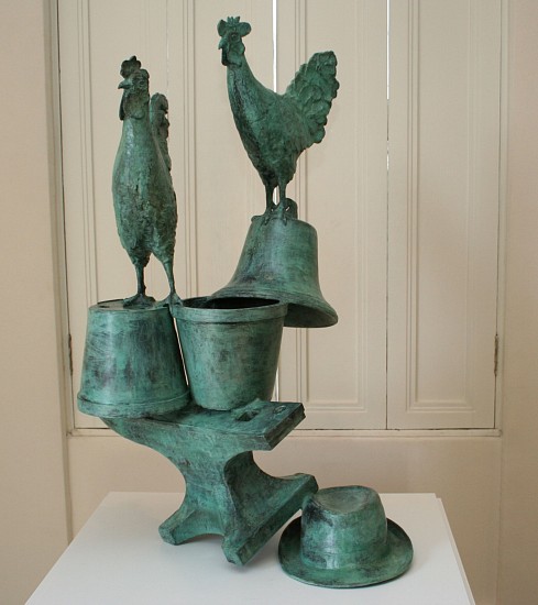 GUY DU TOIT, COCKS ON BELL AND FLOWER POTS ON ANVIL WITH A HAT AND BABOON SKULL