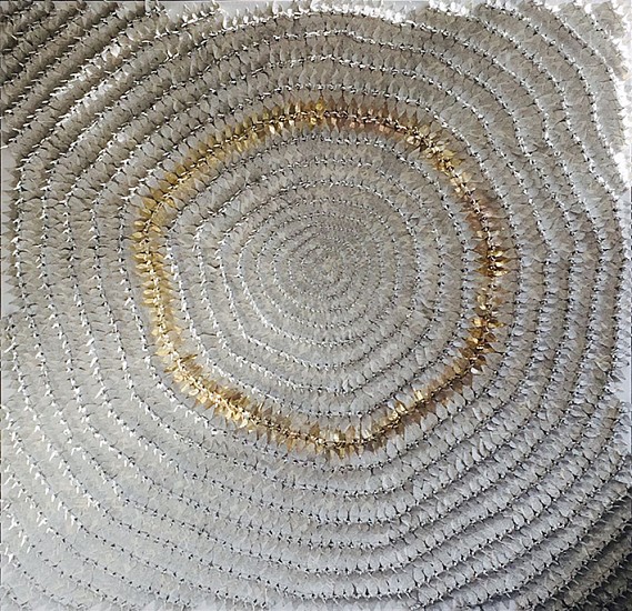 BRONWYN LACE, Encyclopædia Britannica Revolve
2016/ 2017, Origami Cranes Made from EncyclopÃ¦dia Britannica Paper Stitched and Pinned into Canvas