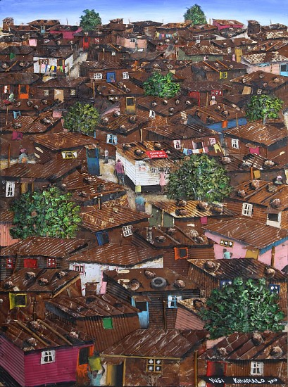 VUSI KHUMALO, LOS ANGELES INFORMAL SETTLEMENT
2018, MIXED MEDIA ON PLYWOOD BOARD