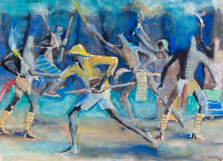 GERARD SEKOTO, CASAMANCE DANCERS AND POLICEMAN<br />
1966, GOUACHE ON CARD