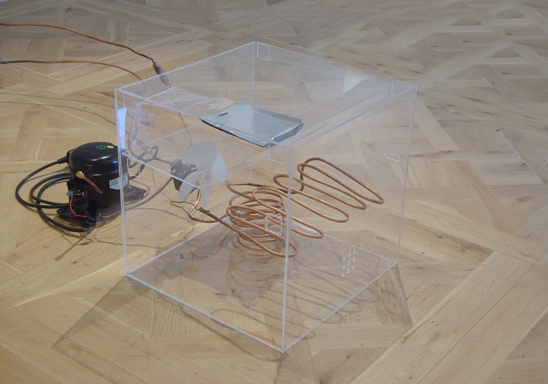 VUSUMZI NKOMO, DETERRITORIALIZATION CUBE
2025, PLEXIGLASS, FREEZER MECHANISM, METALLIZED POUCHES