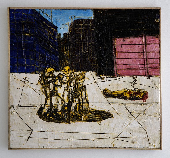 BOYTCHIE, UNTITLED (POST MURDER HUDDLE)
2025, OIL, ENAMEL AND BITUMEN ON CANVAS