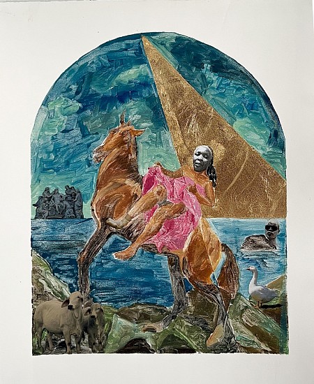 KEABETSWE SEEMA, THE SPIRIT HOVERED ABOVE THE WATERS
2025, OIL-BASED MONOPRINT AND COLLAGE ON FABRIANO