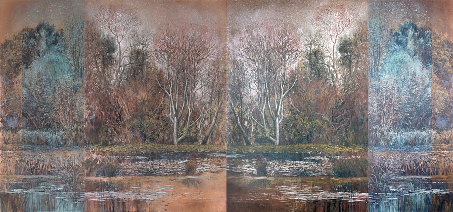 RINA STUTZER, THE BEAUTY OF THINGS (QUADRIPTYCH)
2025, PATINA ON ROLLED COPPER PLATE, BRASS FRAME, PANDORA COTTON PRINTED CANVAS ON ALUMINIUM PLATE AND STEEL FRAME