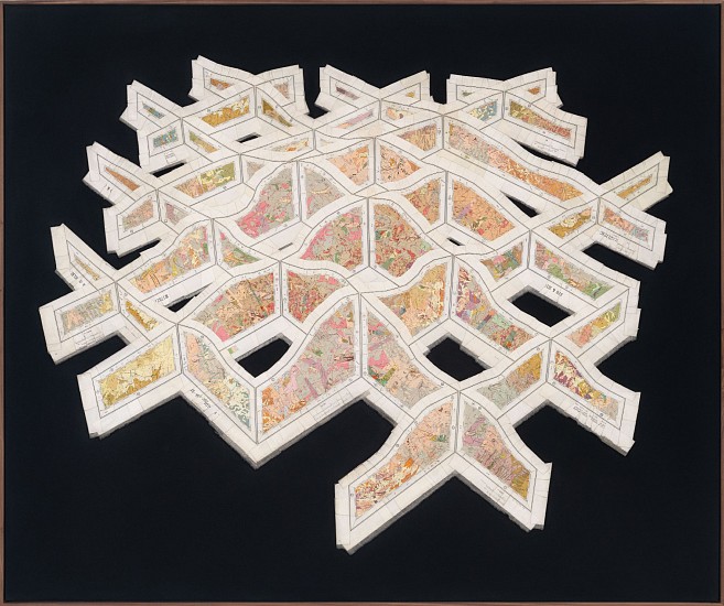 GERHARD MARX, VAST INTERIOR
2024, RECONFIGURED MAP FRAGMENTS ON FRAGMENT ON BOARD