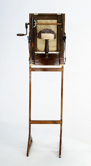 AARON PHILANDER, GELLED DOWN
2025, DECONSTRUCTED BATHROOM CABINET, WOOD, HAND CRANK AND FOUND OBJECTS