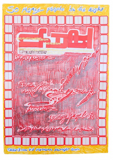 LEAH ""LUX"" MASCHER, RED TEXT 1
2025, COLOR PENCIL, PENCIL, TIPPEX, WHITE GOUACHE, GOLD STICKERS AND SALE STICKERS ON PAPER (VARIOUS GSM)