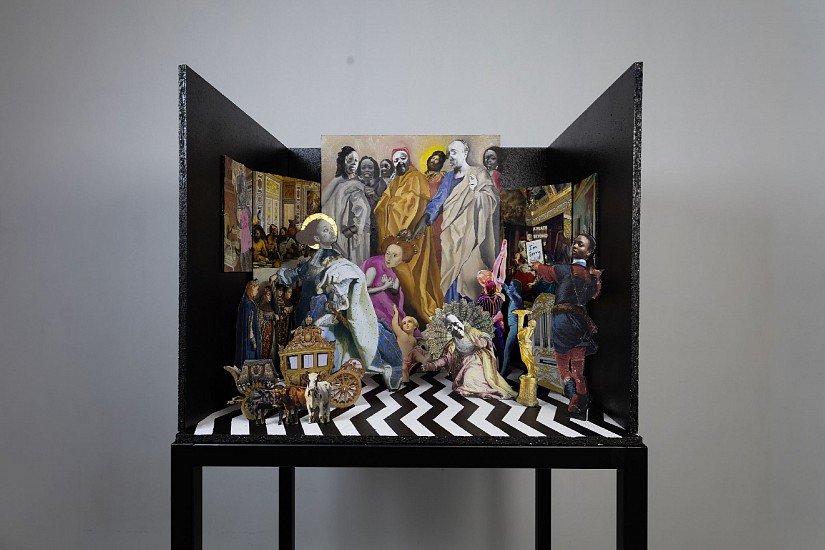 KEABETSWE SEEMA, TWO DAYS AFTER THE QUEEN HAD FALLEN
2026, COLLAGE, PEEPHOLE WOOD SCULPTURE