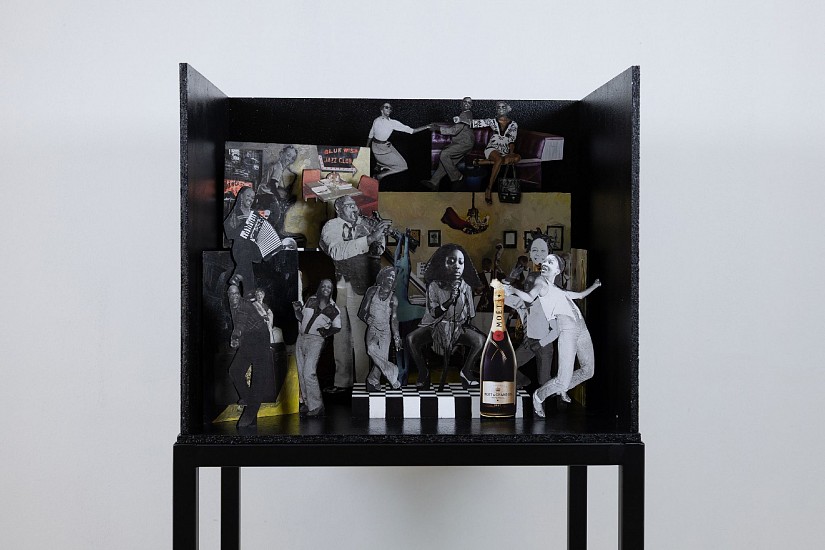 KEABETSWE SEEMA, LAZY CROONERS
2026, COLLAGE, PEEPHOLE WOOD SCULPTURE