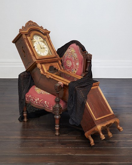 WARREN MAROON, PIETÁ
2023, GRANDFATHER CLOCK, GRANDMOTHER CHAIR AND LACE