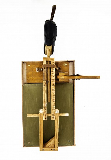 AARON PHILANDER, CUT OFF THE INFECTION
2025, FOUND WOOD, BILTONG CUTTER, STOOL PILLOW, SHOE AND KNIFE