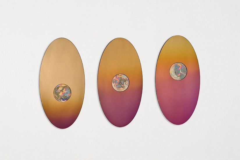 WATER DIXON, SELENE: THE STANDING MOMENT (TRIPTYCH)
2026, MULTILAYER BRASS AND SPECTRUM AMETRINE ON 6MM GLASS, FLOAT FRAMED