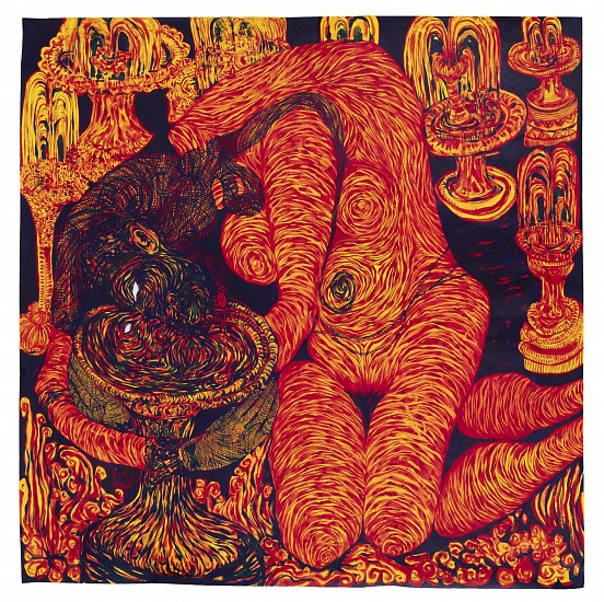 LADY SKOLLIE, ON MY KNEES (IN A BAD WAY) I: AMONGST 8 FLOWING FOUNTAINS. 9 IF YOU COUNT ME AND YOU SHOULD COUNT ME
2026, INK AND CRAYON ON FABRIANO PAPER