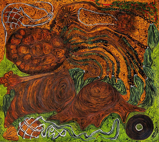 LADY SKOLLIE, SEASHELLS, TORTOISE SHELLS, OSTRICH SHELL AND LITUITES STILL LIFE WITH BUCHU AT A PLACE THAT WAS PROBABLY A SEASHORE
2026, CRAYON, INK AND SILVER LEAF ON FABRIANO