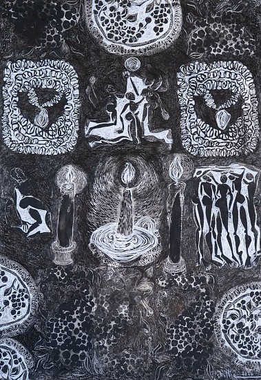 LADY SKOLLIE, AS ABOVE, SO BELOW: DRUNK ANCESTORS II
2026, LINOCUT, INK AND CRAYON ON FABRIANO
